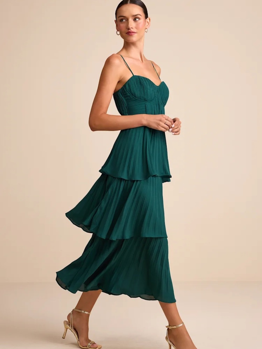 Lulu's Cascading Crush Emerald Tiered Bustier Midi Dress